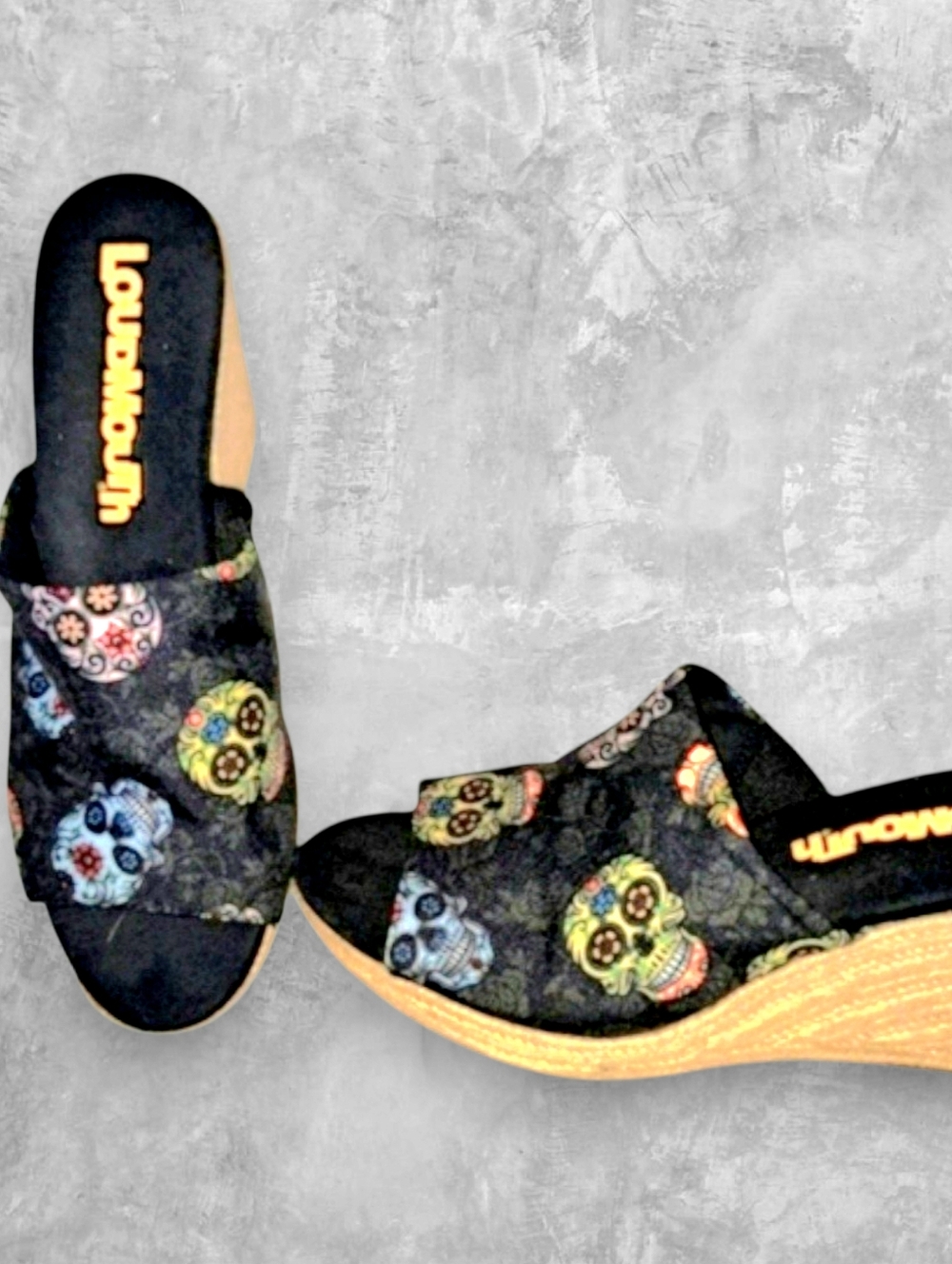 Loudmouth Black Sugar Skull Wedges Sz 9